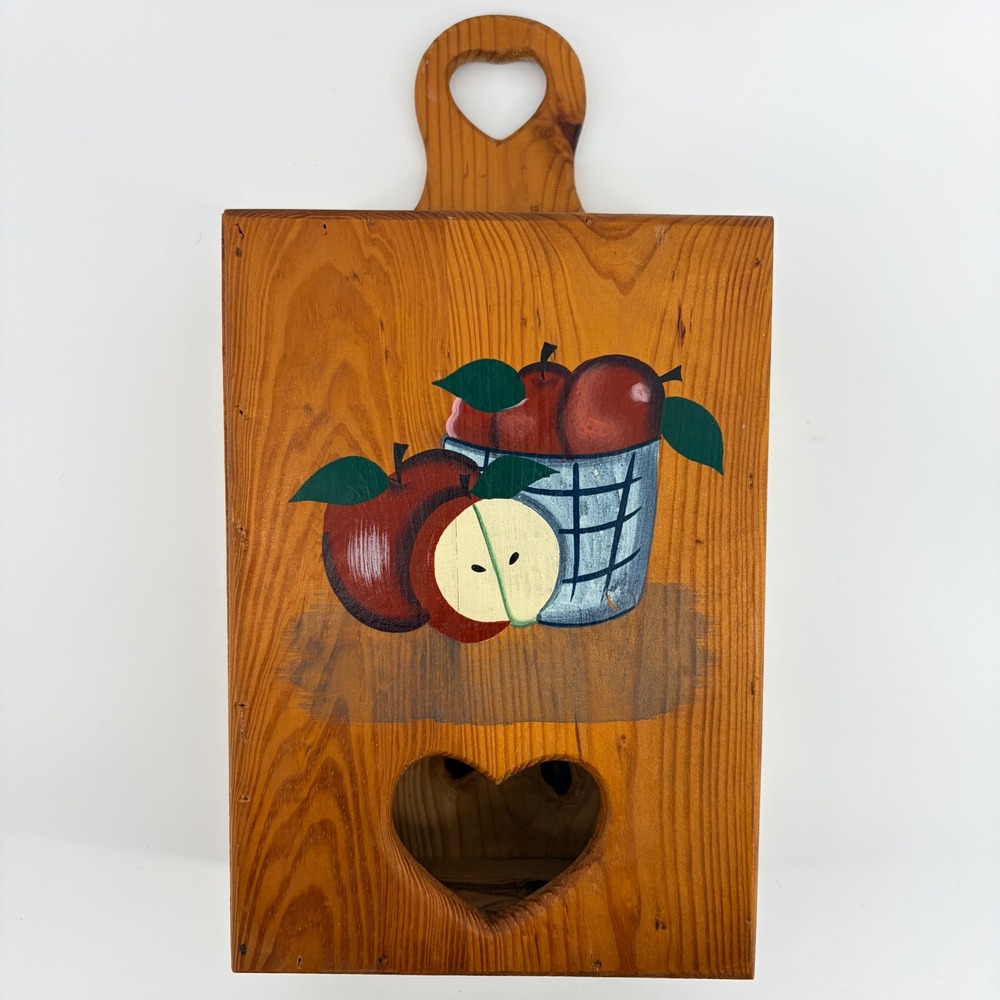 VTG Wooden Apple Box Farmhouse Wall Hanging Heart Organizer Grocery Bag Holder